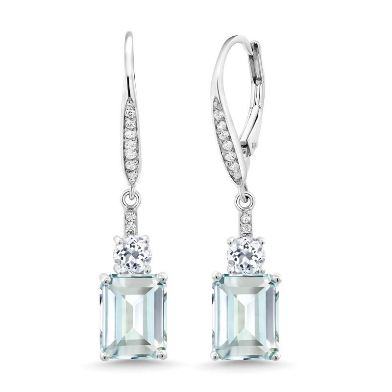 Gem Stone King Drop Dangle Gemstone Birthstone and White Topaz Earrings for Women | 925 Sterling Silver | Emerald Cut 9X7MM | Fine Jewelry Gifts for Her Mom Anniversary Wedding - Image 1
